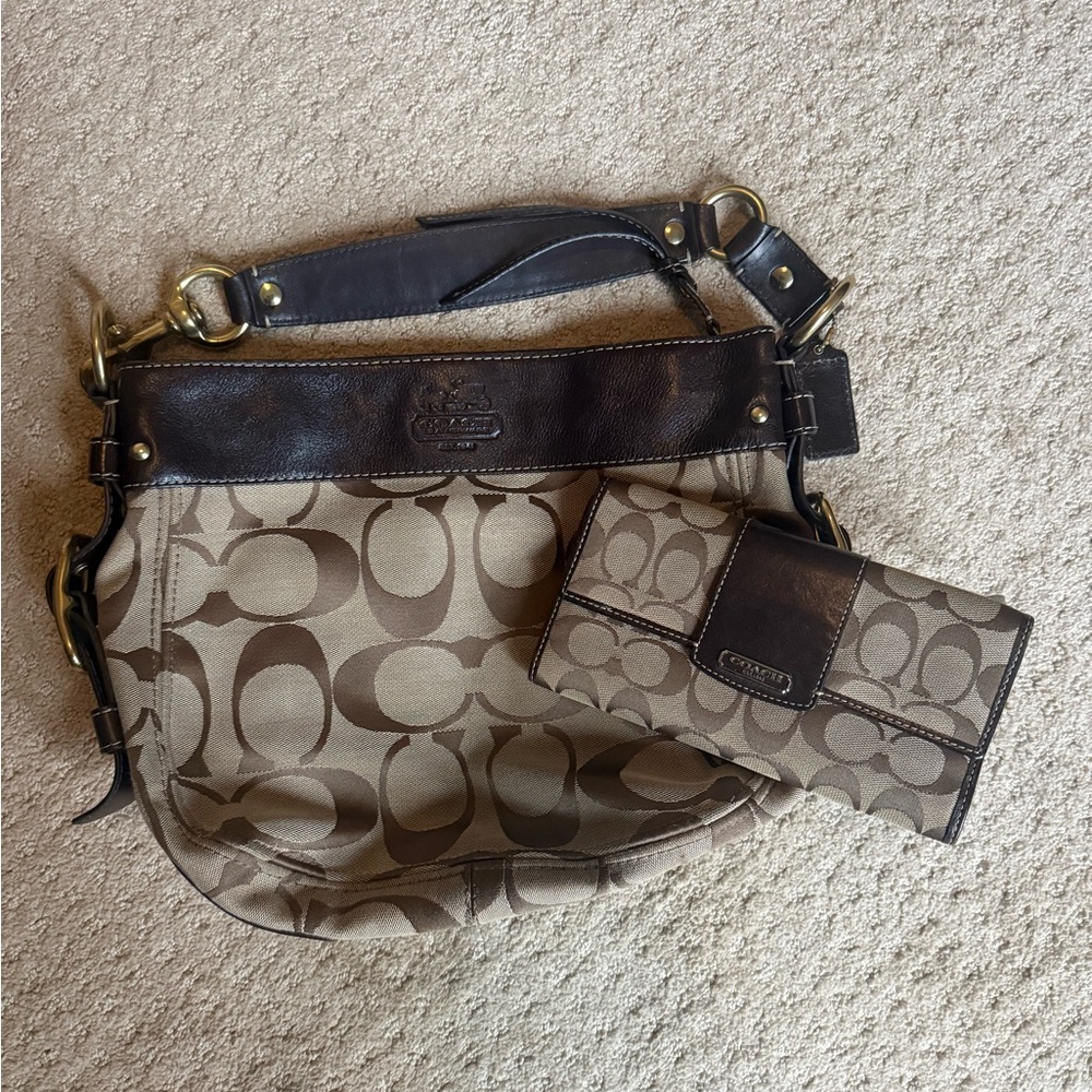 Coach Signature Canvas Shoulder Bag & Matching Wallet in Brown and Tan